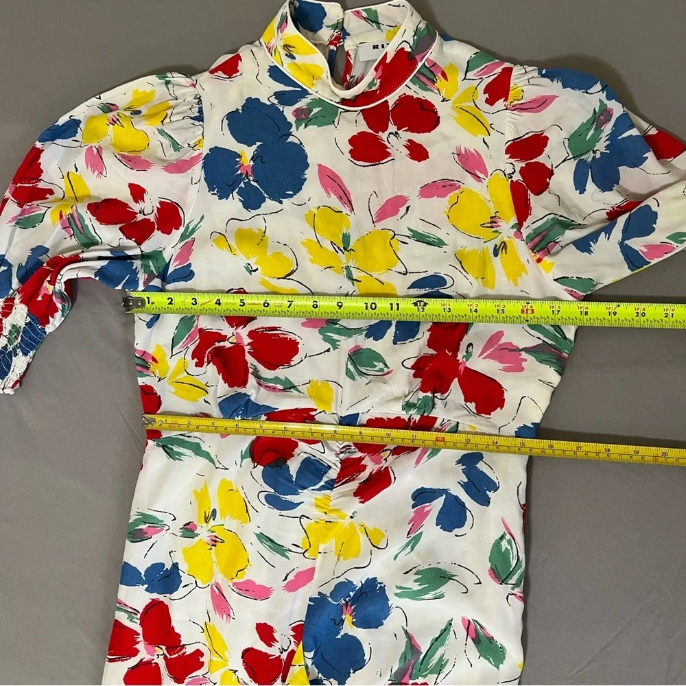 Rixo white Floral multicolored Mock Neck Cascade Ruffle Dress short sleeves sz 6 - Picture 14 of 16